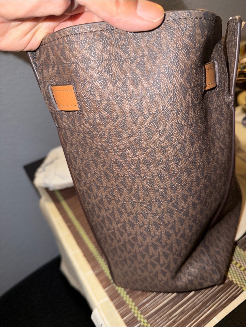 Michael Kors Brown MK Logo Tote with Tan Leather Accents - Picture 5 of 6